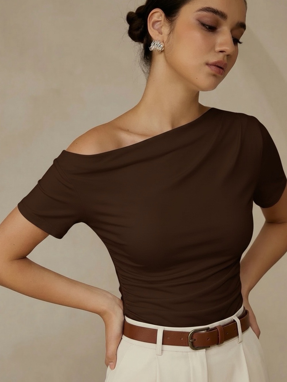 Commense Ruched Off Shoulder Slim Short Sleeve Top
